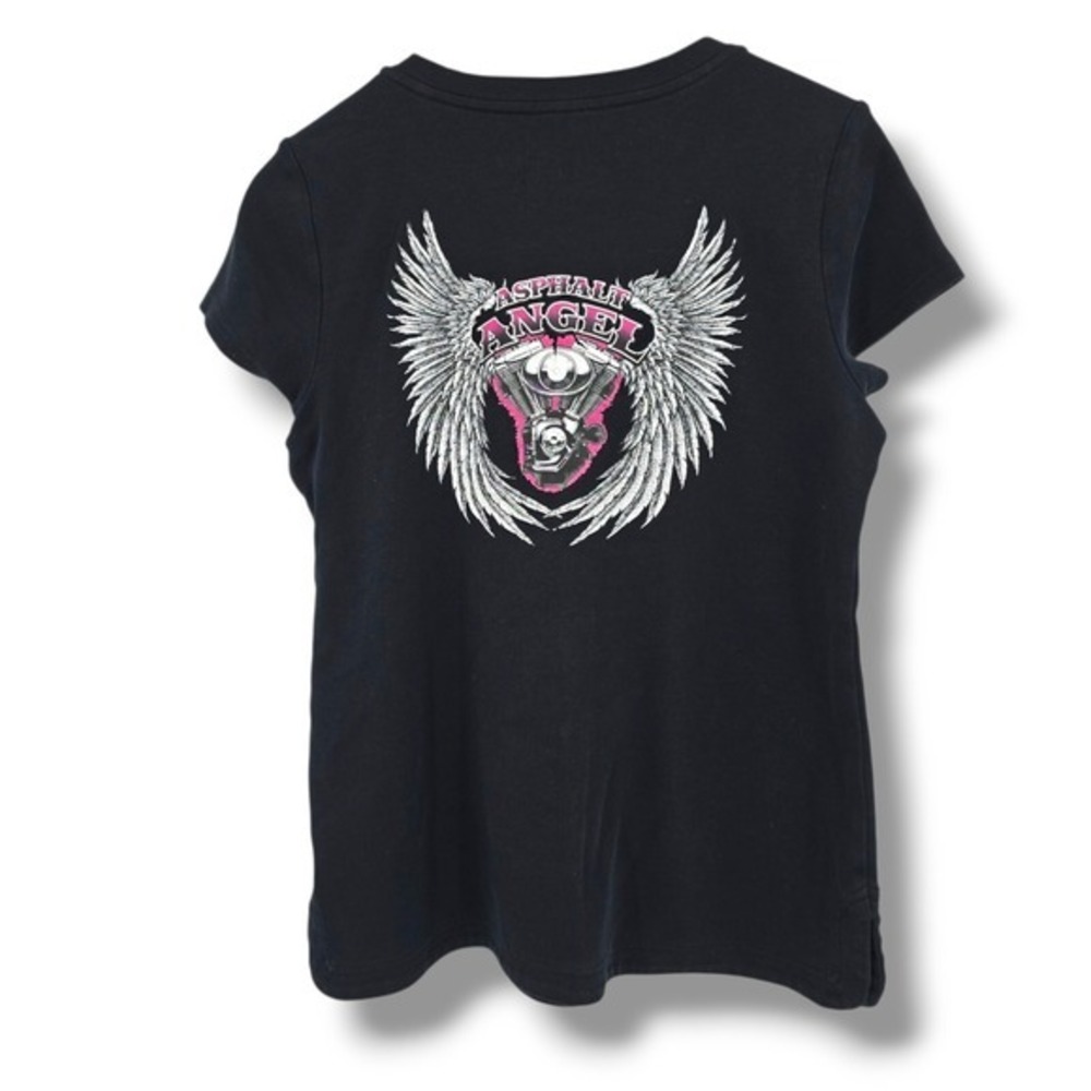 Y2K V-Neck Graphic Tee Asphalt Angel Skull Motorcycle Top Black Size S